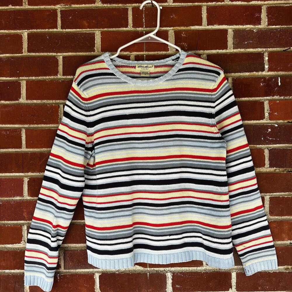 Eddie Bauer Striped Cotton Sweater Blue Red Cream Medium